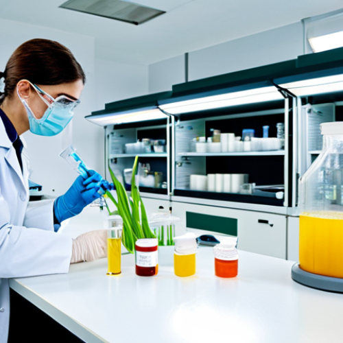 Home 4 대체 플라스틱 소재의 환경적 책임 - **Bioplastics Research Lab:** A clean, modern laboratory filled with scientists in lab coats, analyz...