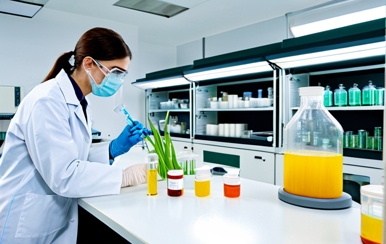 대체 플라스틱 소재의 환경적 책임 - **Bioplastics Research Lab:** A clean, modern laboratory filled with scientists in lab coats, analyz...