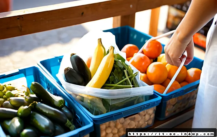 Home 17 대체 플라스틱 소재의 응용 사례 - Photorealistic Italian grocery market scene, reusable shopping bags filled with fresh produce and pa...
